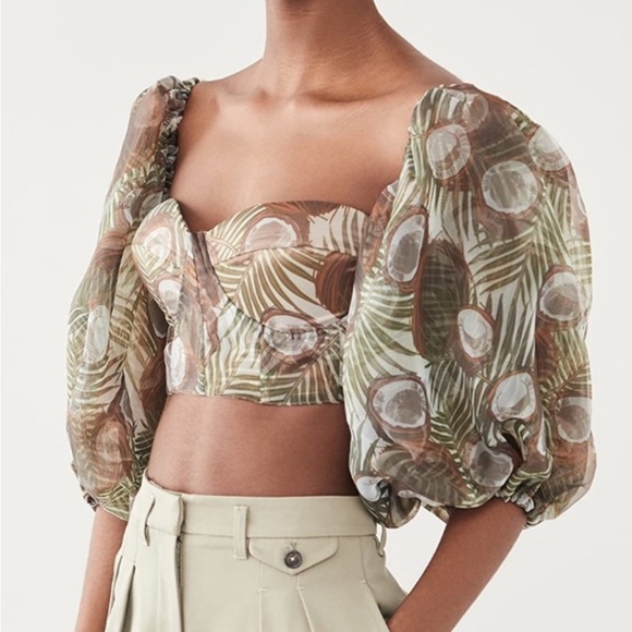 Andrea Iyamah Coconut Print Bustier puff sleeve crop Top Medium M - Picture 1 of 6
